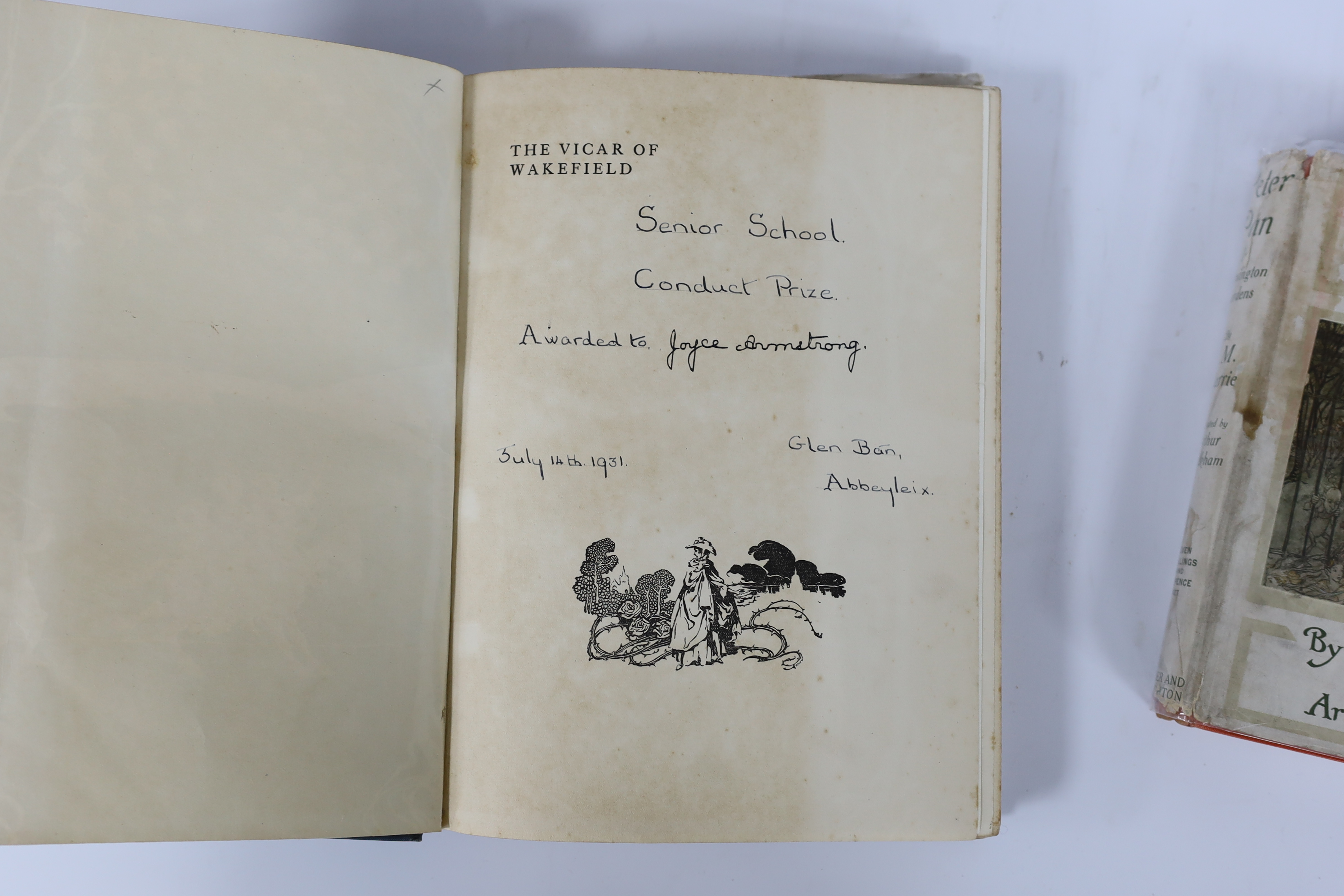 Rackham, Arthur (illustrator) - Eight works - Goldsmith, Oliver- The Vicar of Wakefield, 1st edition,4to, cloth gilt with torn d/j, school prize inscription to half title, 1929